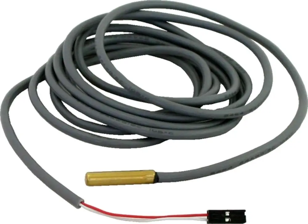 Wolf Kesselfühler mit grauem Kabel und einem Sensor am Ende, geeignet für die Temperaturmessung in Heizsystemen. Anschluss mit zwei Drähten erkennbar.